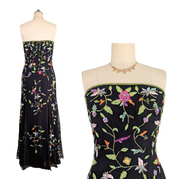 Vintage Sean Collection Prom Dress Maxi Gown L Black Floral Y2K Silk Feminine - Picture 2 of 11